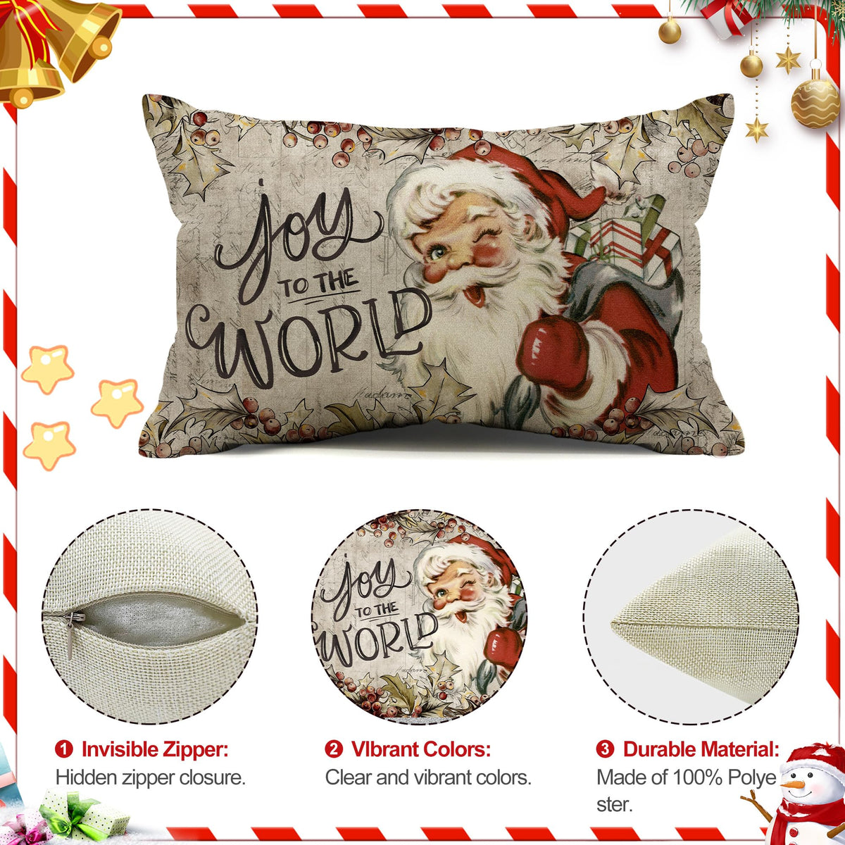 DFXSZ Christmas Pillow Covers 12x20 inch Set of 4 Santa Claus Reindeer Decorative Vintage Throw Pillow Covers Winter Retro Farmhouse Decoration for Home Couch BTHZ-140B12