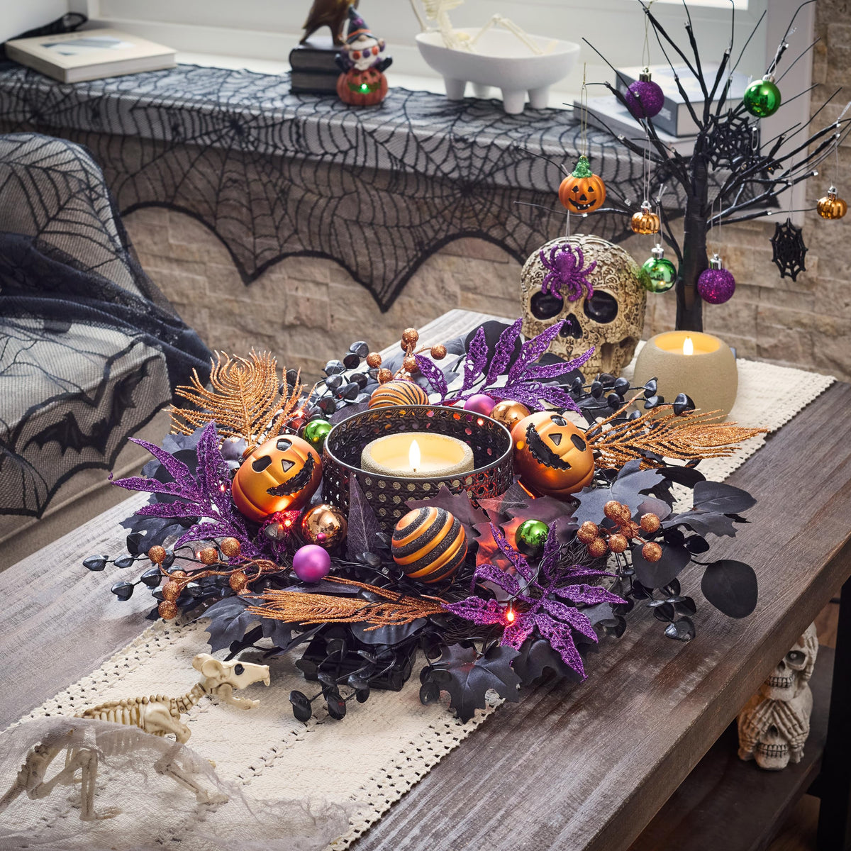 Valery Madelyn Halloween Wreath for Front Door with Lights, 18 Inch Pre-Lit Jack-o'-Lantern Pumpkin Wreath Halloween Decorations for Home Porch Table Centerpiece Window Indoor Party Holiday Wall Decor