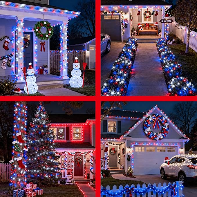 350LED Christmas Lights Indoor Outdoor, 90ft 12 Modes Red Blue and White LED String Lights with Timer Dimmable, Waterproof Tree Lights for Xmas Patio Yard Fence Bedroom Wedding Garden Decor