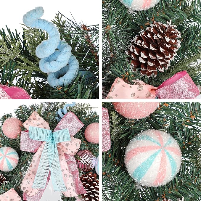 24 inch Pastel Christmas Door Wreath, Candy Cane Pine Wreaths for Front Door with Pink and Blue Ball Pinecones Berries for Fireplace Xmas Decorations, Wall Party Staircase Indoor Outdoor Holiday Decor