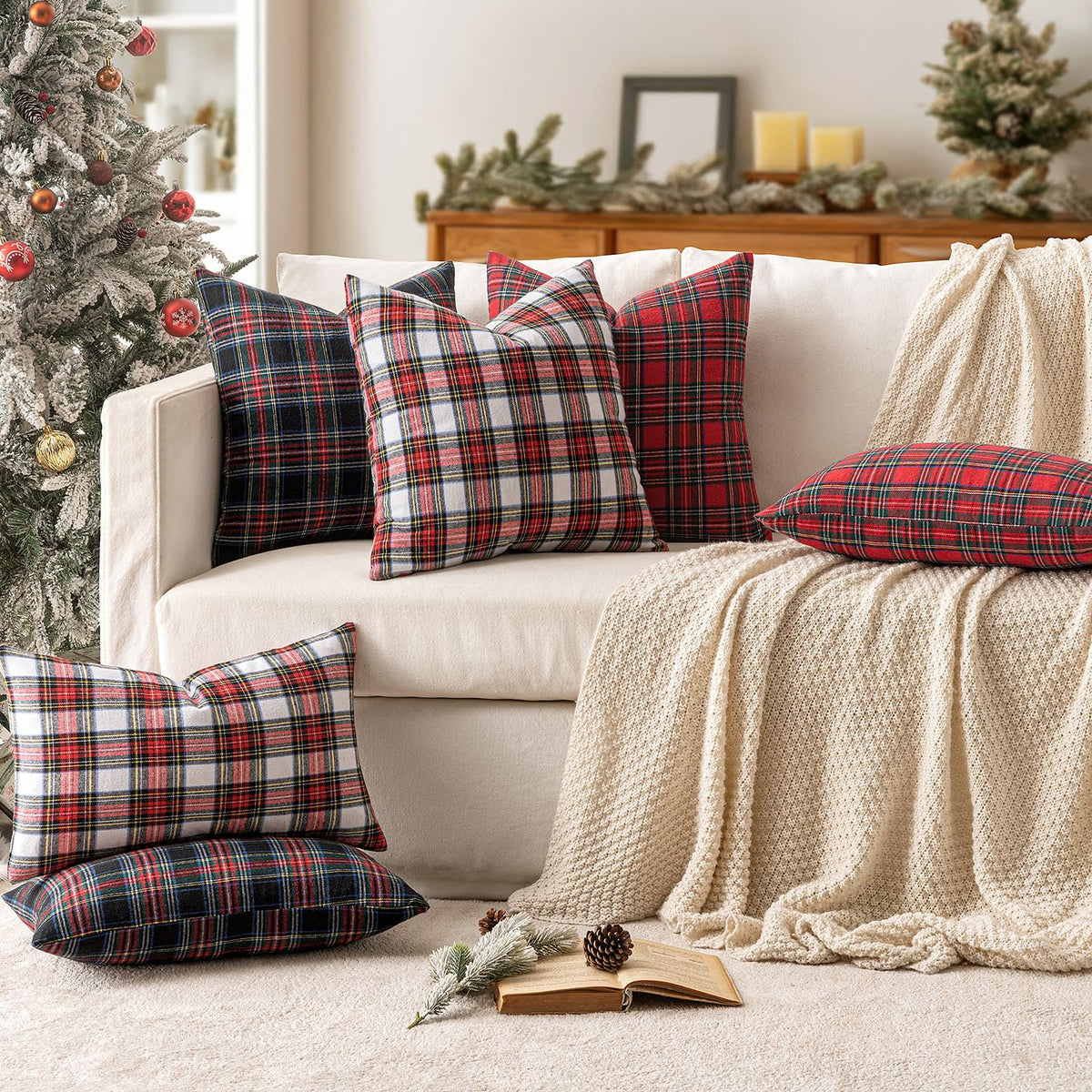MIULEE Christmas Set of 2 Scottish Tartan Plaid Lumbar Throw Pillow Covers Farmhouse Classic Decorative Outdoor Cushion Cases for Home Decor Sofa Couch 12x20 Inch, Red and White