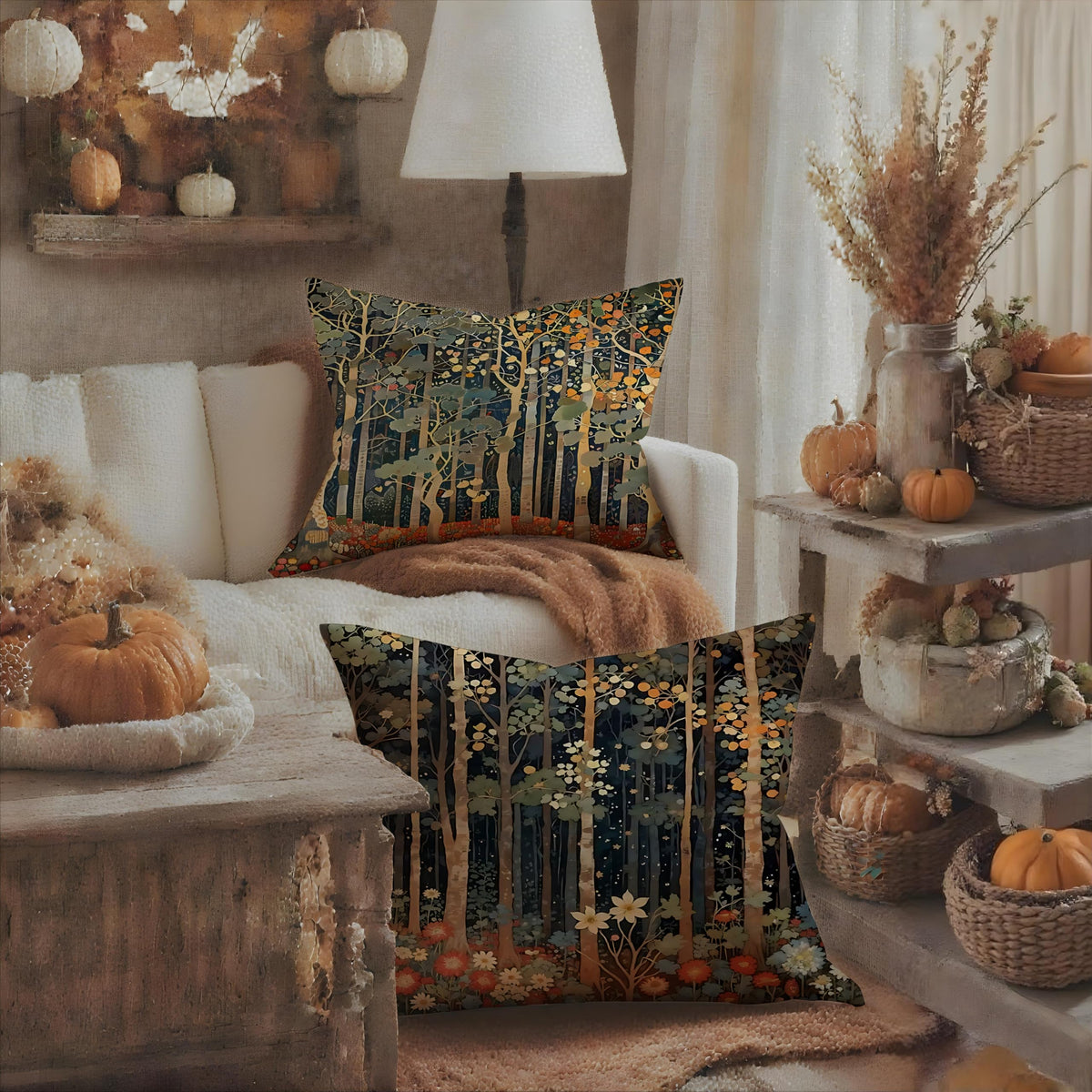 BUJSP Rustic William Morris Inspired Autumn Forest Decor Throw Pillow Covers 18x18 Set of 2, Vintage Botanical Nature Decorative Throw Pillow Covers for Home Bedroom Living Room,Fall Home Room Decor