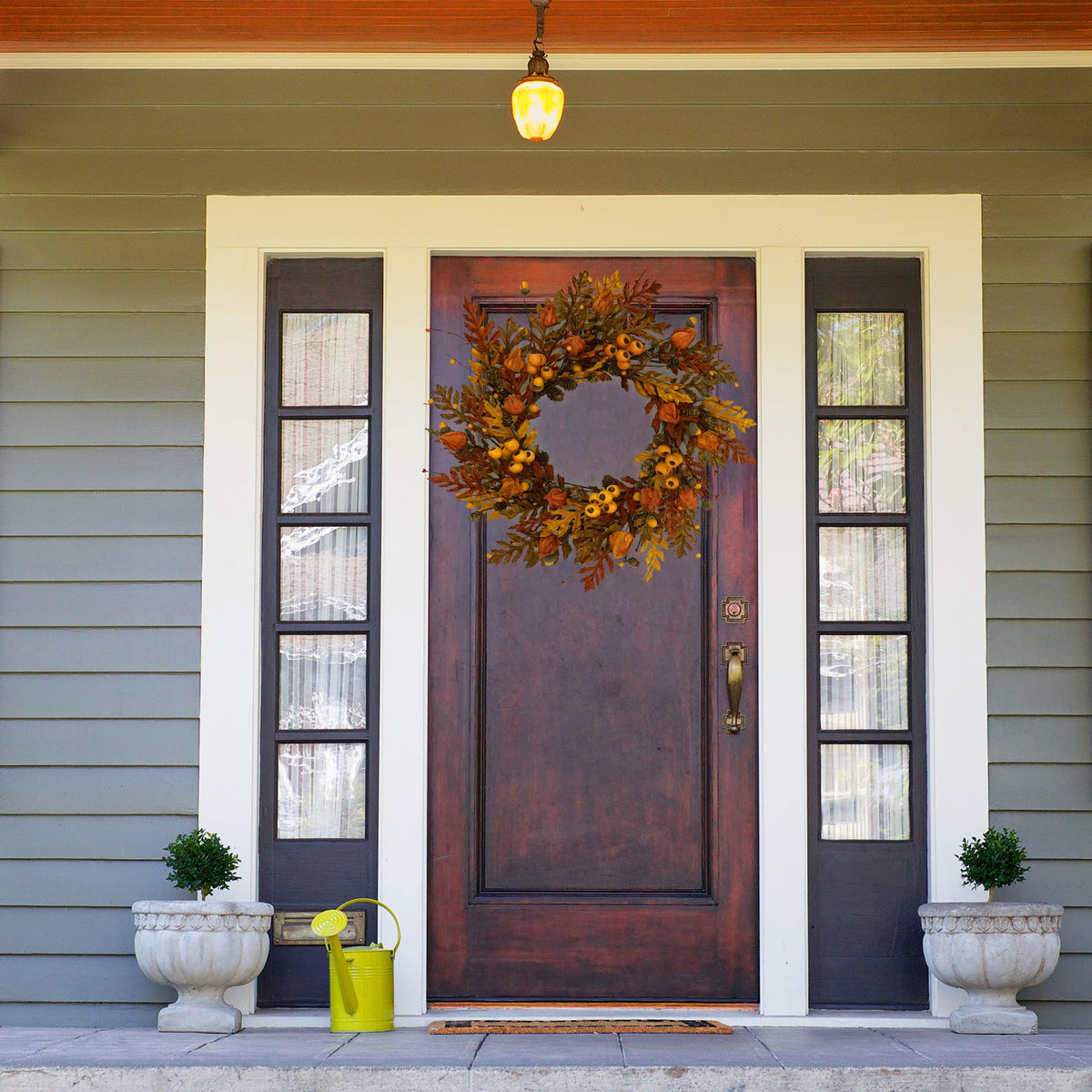 WreathDream 20 inch Fall Wreath Autumn Oak Leaves Wreath with Cape Gooseberry,Oak Leaf,Acorn,Berry,Pine Cone for Front Door Farmhouse Indoor Outdoor Festival Home Decor