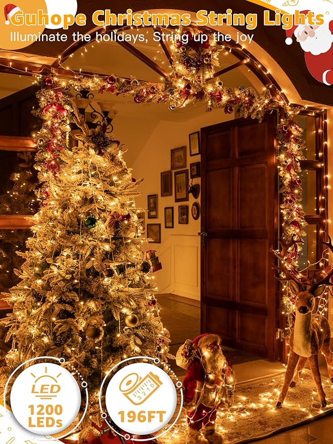 Christmas String Lights 1200LED 196FT, 8 Modes Dimmable Fairy Lights with Remote and Timer, Waterproof Christmas Lights for Festive Decoration Indoor Wedding Party Holiday (Warm White)