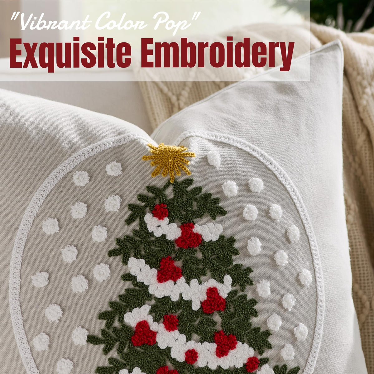 Farmhouse Christmas Pillow Covers 18x18 Set of 2, Xmas Embroidered Throw Cushion Cases with Festive Patterns for Rustic Home Holiday Decor (Snow Globe Christmas Tree, 18" x 18" (Pack of 2))