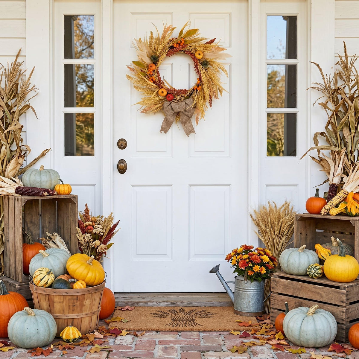 DecorbyHannah Fall Wreath for Front Door Outside, 24'' Collapsible Pre-Lit Rustic Farmhouse Autumn Harvest Door Wreath with Pumpkin Wheat Burlap Bow, Outdoor Fall Decorations for Home Mantle Porch