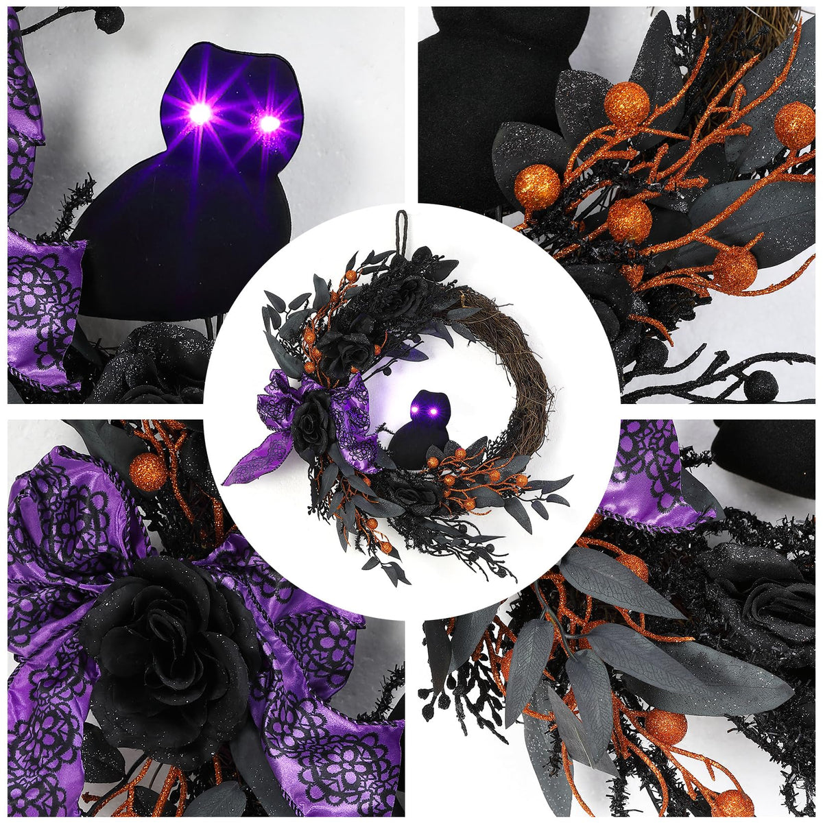 Garvee Halloween Door Wreath, 22 Inch Prelit Halloween Owl Wreaths for Front Door with Black Willow Leaves, Artificial Roses, Purple Bow for Indoor Outdoor Wall Porch Decor