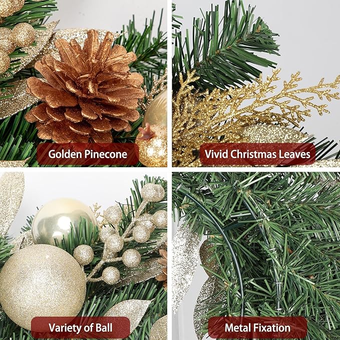 24 inch Christmas Door Wreath, Pine Wreaths for Front Door with Golden Ball Glittered Leaf Spray Stems Pinecones Berries for Fireplace Xmas Decorations, Wall Window Indoor Outdoor Decor