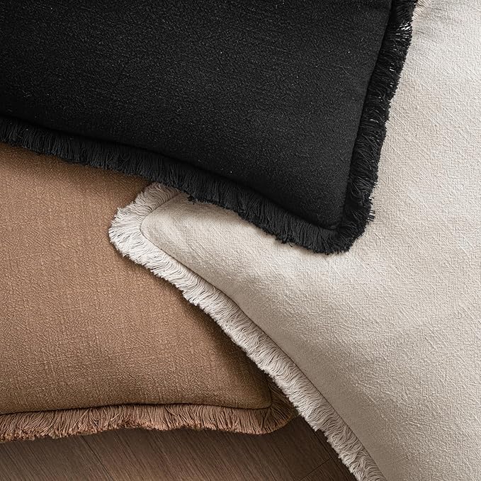 MIULEE Christmas Decorative Lumbar Throw Pillow Covers Neutral Linen Fringe Throw Pillows Set of 2 Natural Beige Boho Farmhouse Cushion Covers for Couch Sofa Bed Living Room Home Decor 12x20 Inch