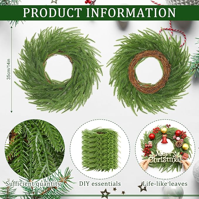 Zeyune Christmas DIY Green Wreath 14 Inch Artificial Christmas Wreaths Faux Plain Wreaths for Decorating Front Door Window Room Farmhouse Xmas Party Indoor Outdoor(Norfolk Pine,8 Pcs)
