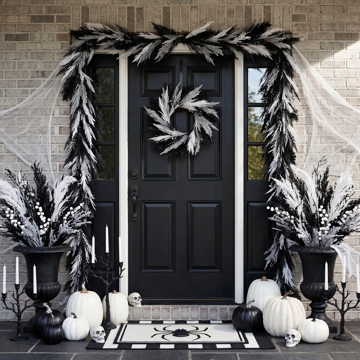 DecorbyHannah Halloween Wreath for Front Door, 18 Inch Pre-Lit Faux Black Pampas Grass Gothic Spooky Wreath with Lights and Timer, Fall Door Decor for Fireplace Mantle Porch Wall Home Indoor Outdoor