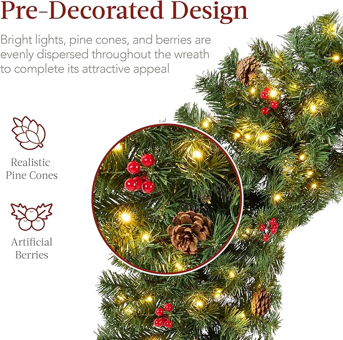 Best Choice Products 36in Pre-Lit Christmas Wreath w/Berries & Pinecones, Large Artificial Indoor/Outdoor Decor for Door, Mantel w/Red Bow, Plug-in