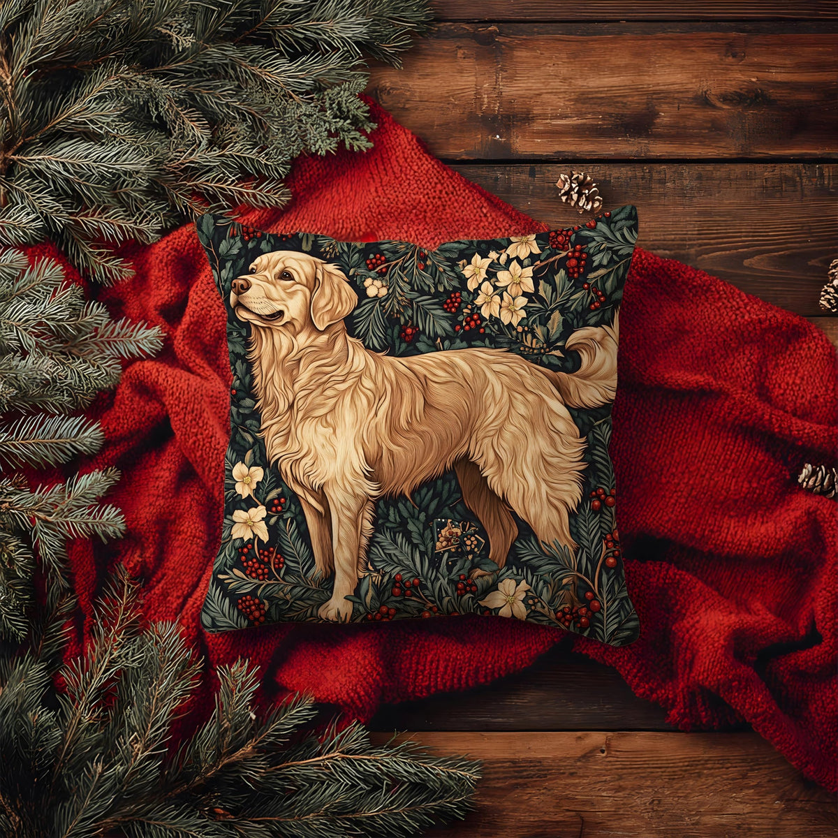 BUJSP Vintage Golden Retriever Christmas Decor Pillow Cover 18x18,Rustic Christmas William Morris Inspired Dog Floral Animal Print Botanical Decorative Throw Pillow Covers for Home Bedroom Living Room