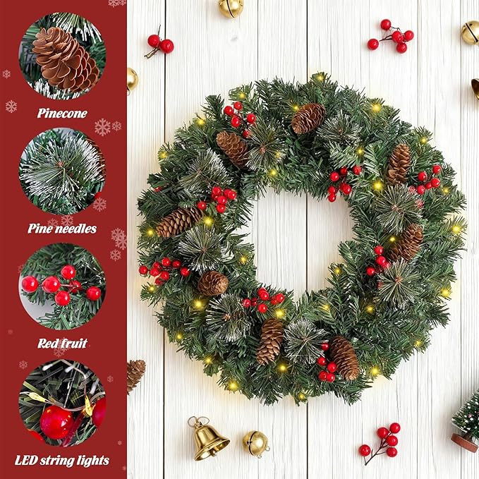 FR Artificial Pre-Lit Fir Christmas Wreath Holiday Accent Decoration, Wintry Pine, Decorated with Pine Cones Berry Clusters, with LED Lights Battery Operated for Door, Mantel - 16 Inch