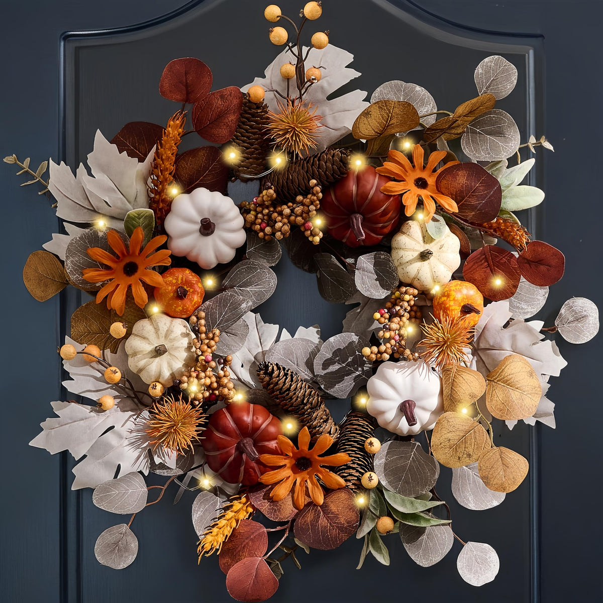 Valery Madelyn Fall Wreath with Lights for Front Door, 18" Autumn Door Wreath with White Pumpkins Silk Maple Leaves, Outdoor Fall Halloween Decorations for Home Porch Thanksgiving Harvest Table Decor