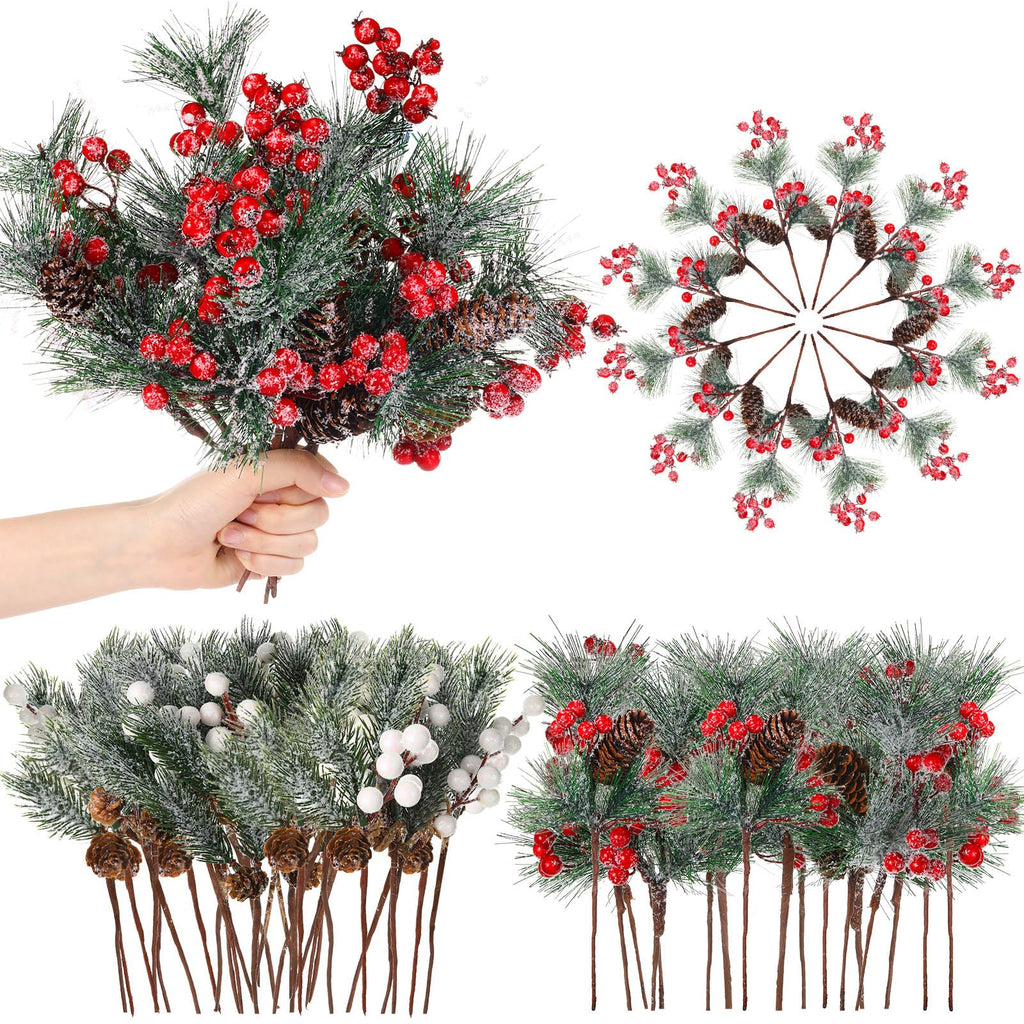 Blosssound 36 PCS Christmas Artificial Pine Branches with Snow Spray Red Berry Stems Pine Needles Faux Pine Picks Snow Floral Pine Cones for DIY Crafts Christmas Tree Garland Wreath Holiday Decor