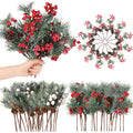 Blosssound 36 PCS Christmas Artificial Pine Branches with Snow Spray Red Berry Stems Pine Needles Faux Pine Picks Snow Floral Pine Cones for DIY Crafts Christmas Tree Garland Wreath Holiday Decor