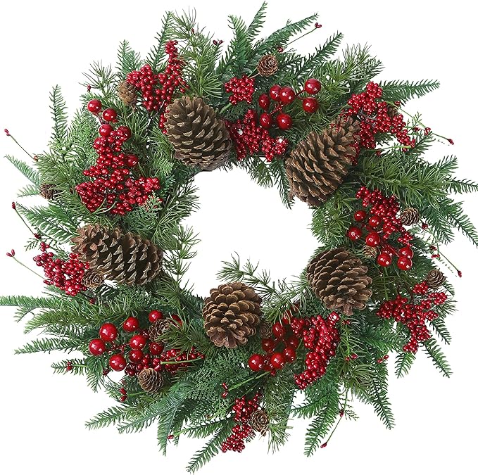 22’’ Artificial Christmas Wreath Norfolk Pine Wreath for Front Door with Pine Needles Red Berries Big Pinecones Christmas Decorations for Winter Farmhouse Wall Indoor Outdoor Home Holiday Xmas Decor