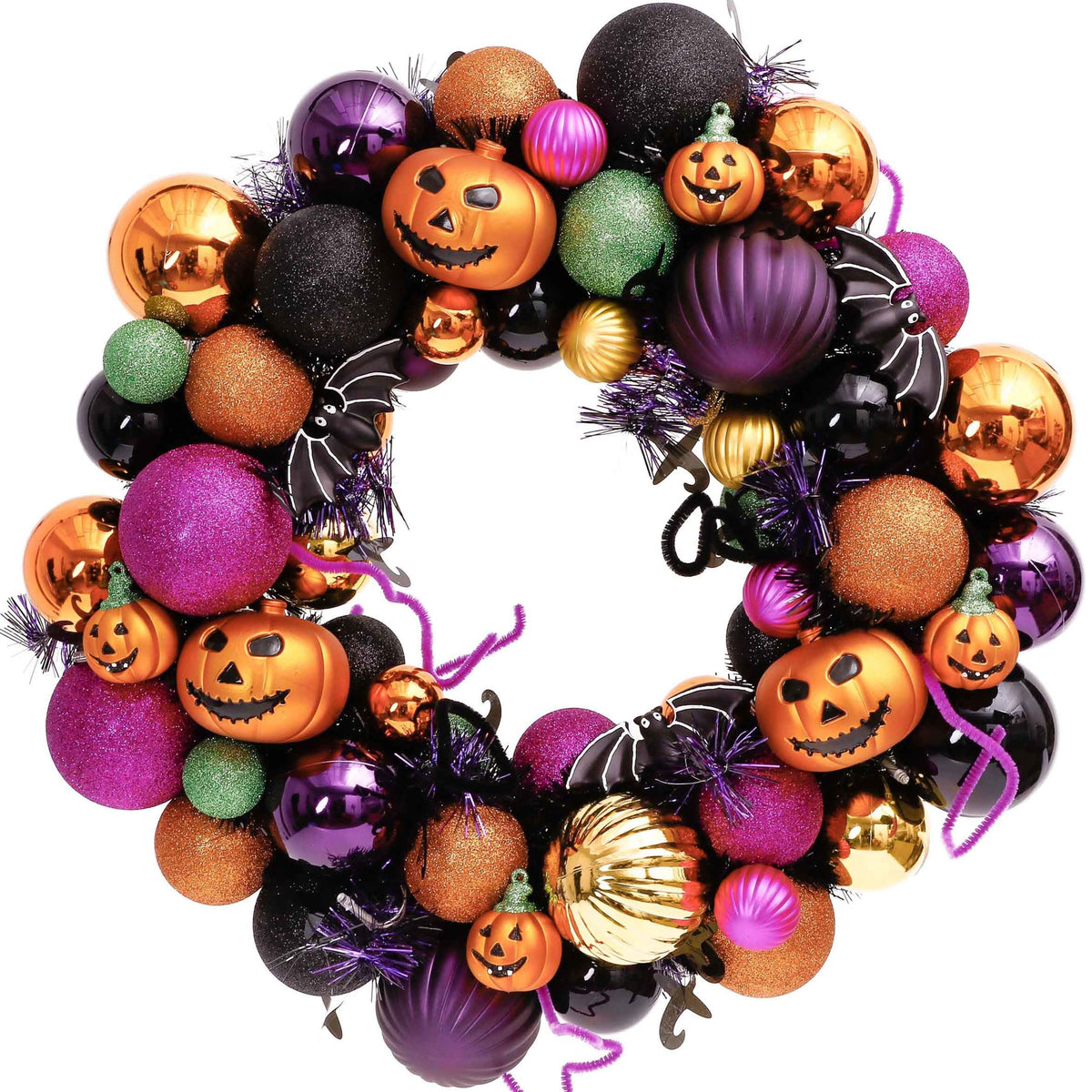 Valery Madelyn Halloween Decorations Indoor for Home, Pre-Lit Pumpkin Ball Wreath with 60ct Shatterproof Treat-or-Trick Ornaments for Centerpiece Wall Front Door, 20 Inch