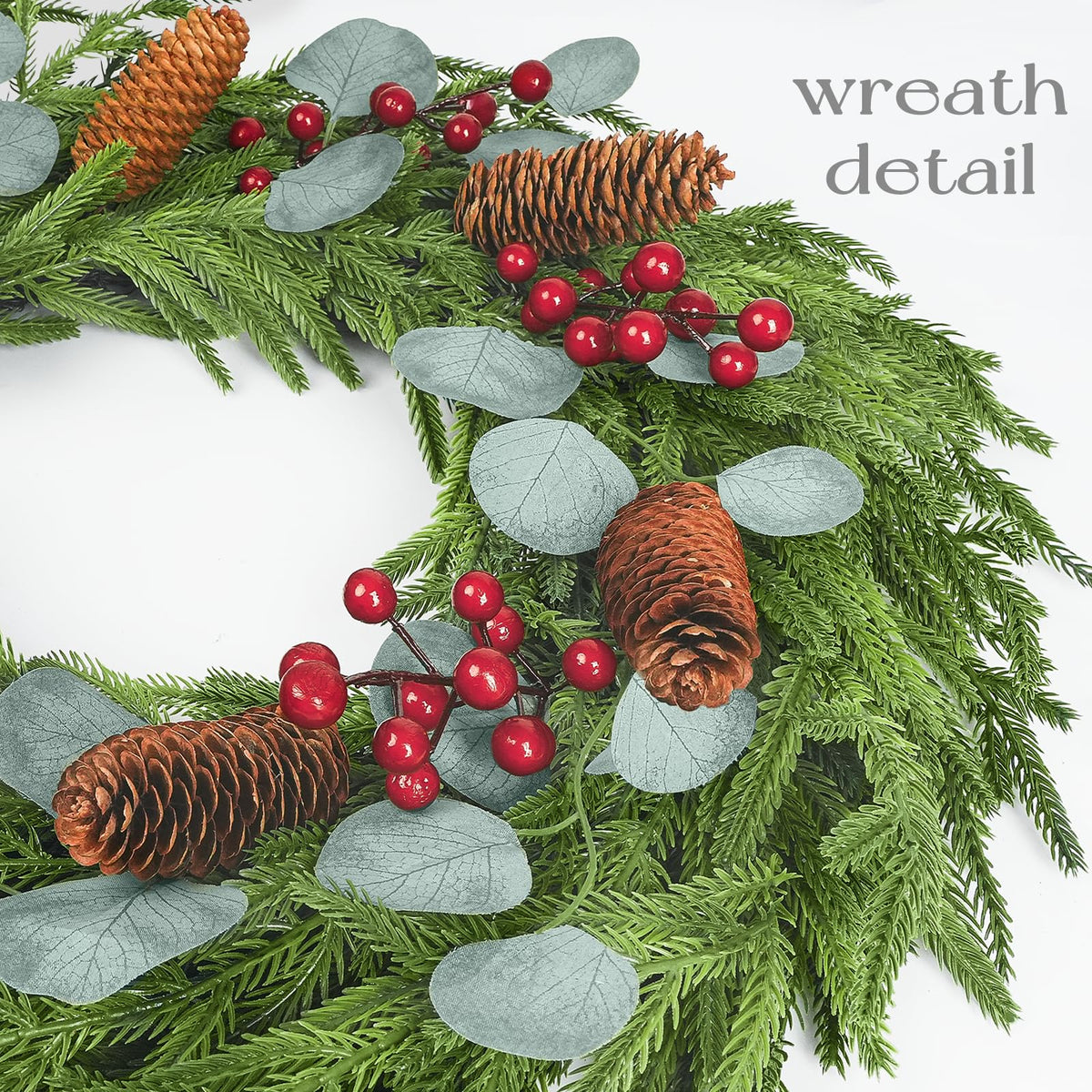 Christmas Decorations - 22 Inch Artificial Norfolk Pine Christmas Wreath with Pine Cones, Eucalyptus, and Red Berries Perfect for Front Door - Indoor Outdoor Holiday Decor for Mantle, Wall, Window