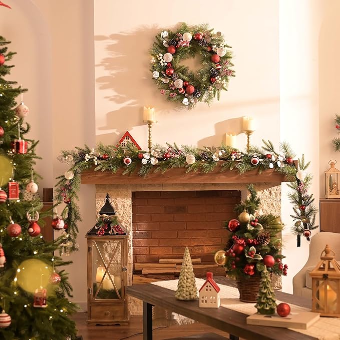 Valery Madelyn 24'' Pre-Lit Christmas Wreath for Front Door with Light, Large Lighted Outdoor Christmas Wreath with Red White Xmas Ball Norfolk Pine for Home Porch Fireplace Window Holiday Decor