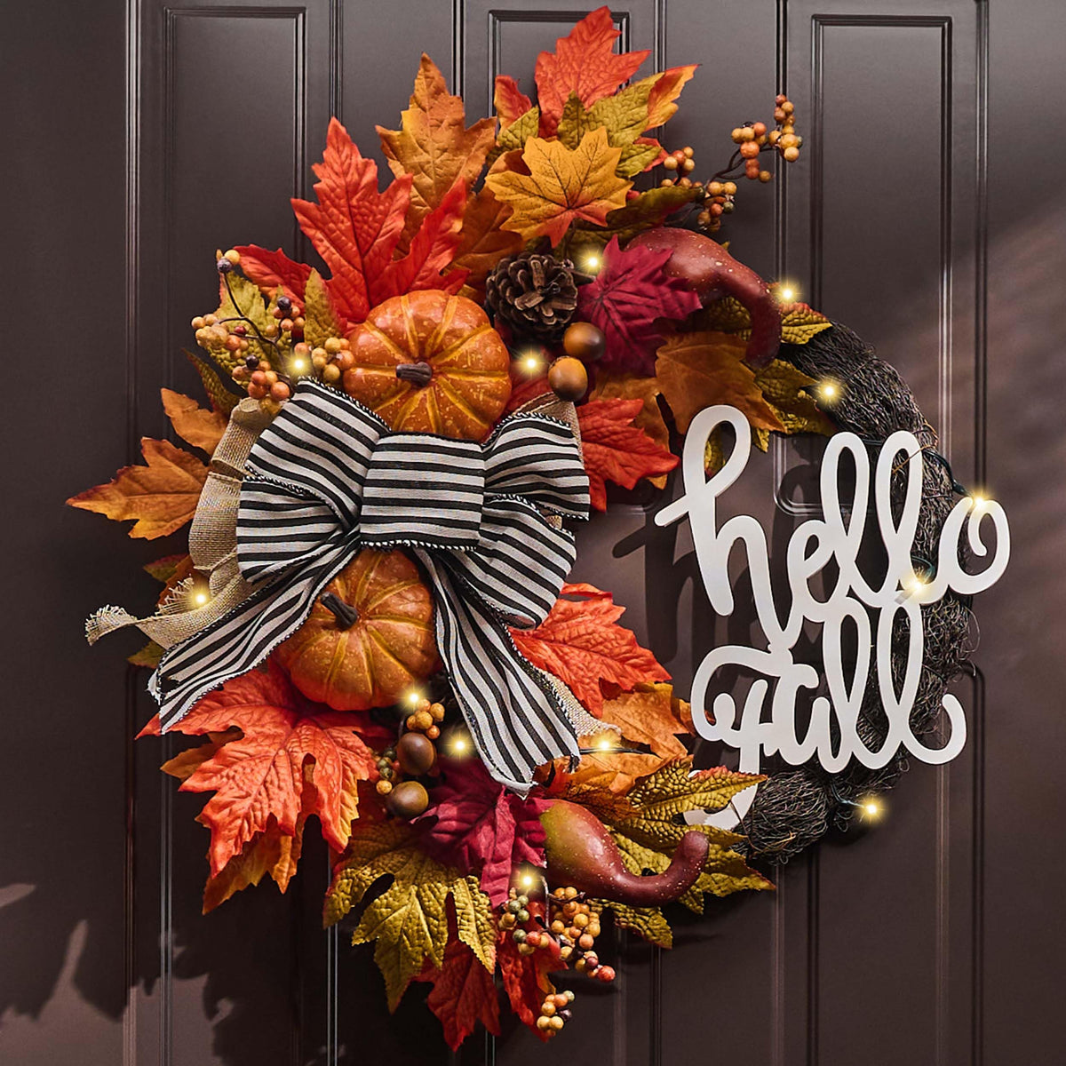 Valery Madelyn 22'' Collapsible Fall Wreaths for Front Door, Farmhouse Autumn Door Wreath with Lights Pumpkins Bow Outdoor Fall Halloween Decorations for Home Porch Thanksgiving Harvest Outdoor Decor