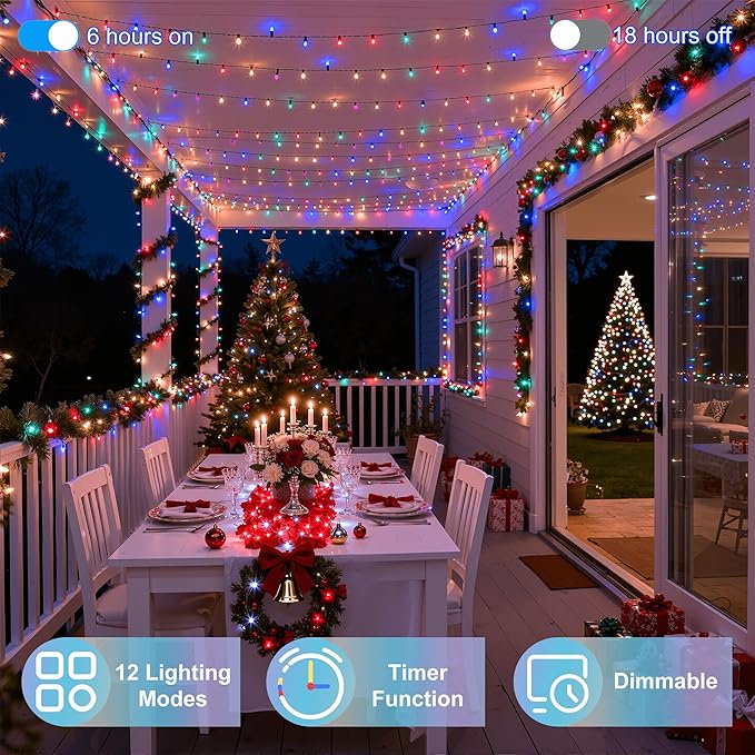 350LED Christmas Lights Indoor Outdoor, 90ft 12 Modes Multicolor LED String Lights with Timer Dimmable, Waterproof Tree Lights for Xmas Patio Yard Fence Bedroom Wedding Garden Decor Multicolor