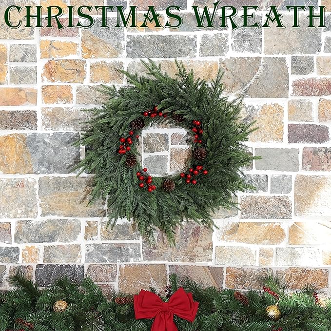 24" Artificial Christmas Wreath -Real Touch Norfolk Pine Wreath for Door,Wall,Windows,Indoor Outdoor -Christmas Wreaths for Front Door-Christmas Decorations-Holiday Decor-Free Battery LED Lights