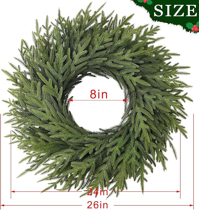 Christmas Wreaths 26" Norfolk Pine Wreath for Front Door, Artificial Christmas Wreaths Faux Green Fake Pine Needles Wreath for Front Door Wall Windows Indoor Outdoor Christmas Decor