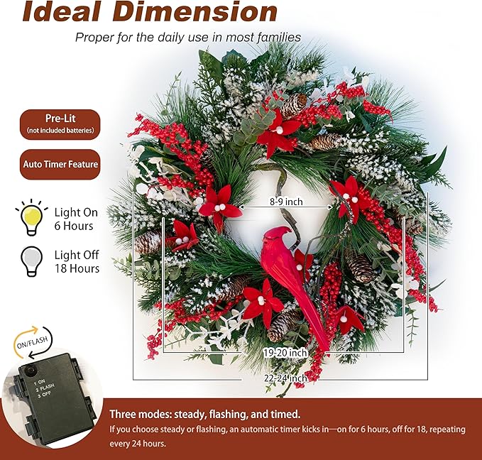 Christmas Wreath with Lights, Soomeir 24 Inch Lighted Christmas Wreaths for Front Door with Pine Needles and Berries, Large Prelit Wreath for Holiday Winter Window Outdoor Indoor Xmas