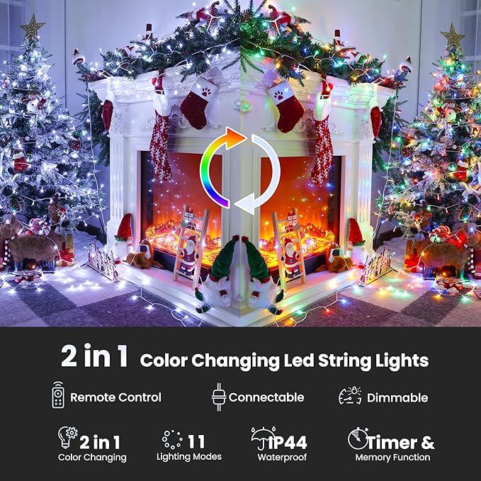 Color Changing Christmas Lights, 175ft 500 LED Warm White & Multicolor Christmas String Light with Remote, 11 Modes Fairy Twinkle Lights for Party Home Garden Holiday Weddings Xmas Tree Decorations