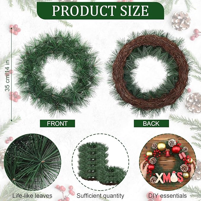 Zeyune Christmas DIY Green Wreath 14 Inch Artificial Christmas Wreaths Faux Plain Wreaths for Decorating Front Door Window Room Farmhouse Xmas Party Indoor Outdoor(Pine Needle,8 Pcs)