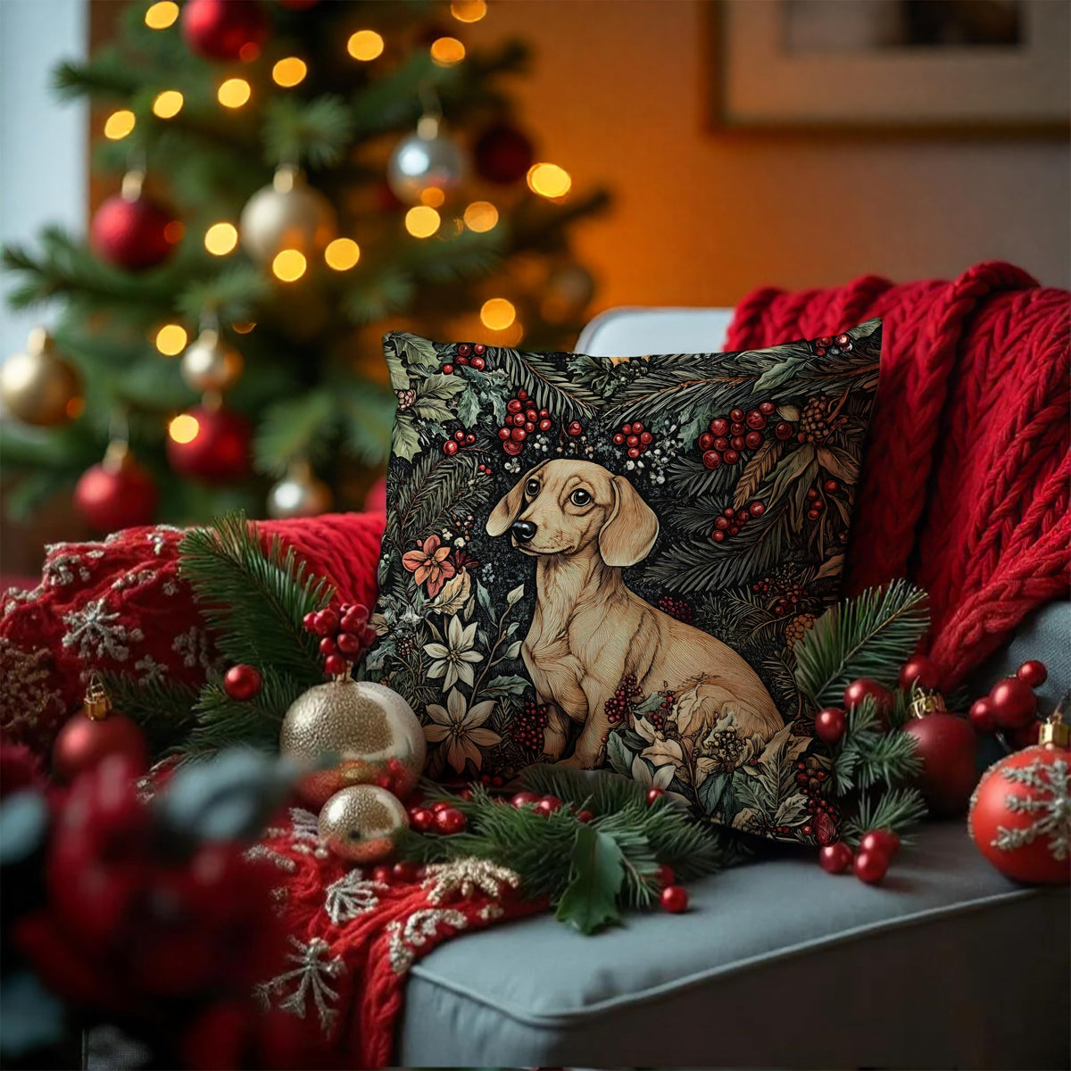 BUJSP Vintage Dachshund Christmas Pillow Cover 18x18,Rustic William Morris Inspired Dachshund Dog Christmas Animal Floral Botanical Print Decorative Throw Pillow Covers for Home Bedroom Living Room