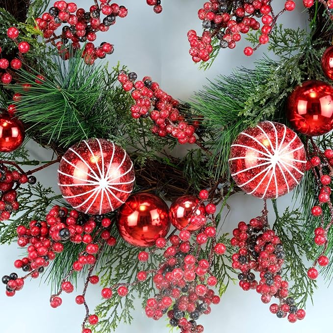 YULETIME 24" Mixed Berries Christmas Wreath - Artificial Holiday Wreath with Red & Purple Frosted Berries, Green Cypress Branches & Pine Needles