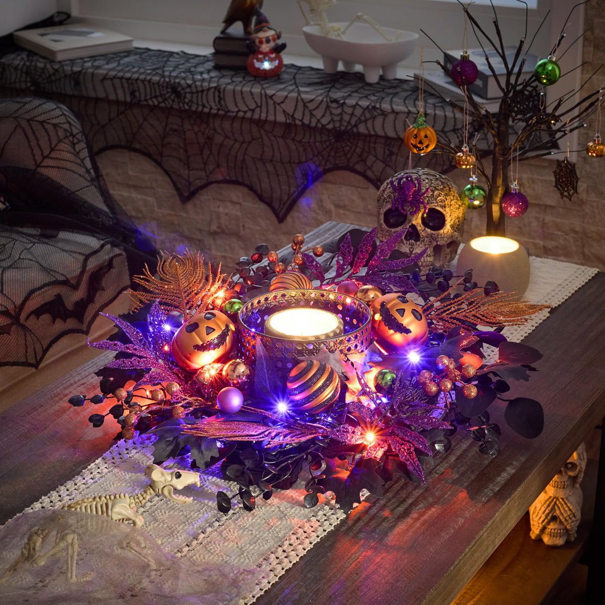 Valery Madelyn Halloween Wreath for Front Door with Lights, 18 Inch Pre-Lit Jack-o'-Lantern Pumpkin Wreath Halloween Decorations for Home Porch Table Centerpiece Window Indoor Party Holiday Wall Decor