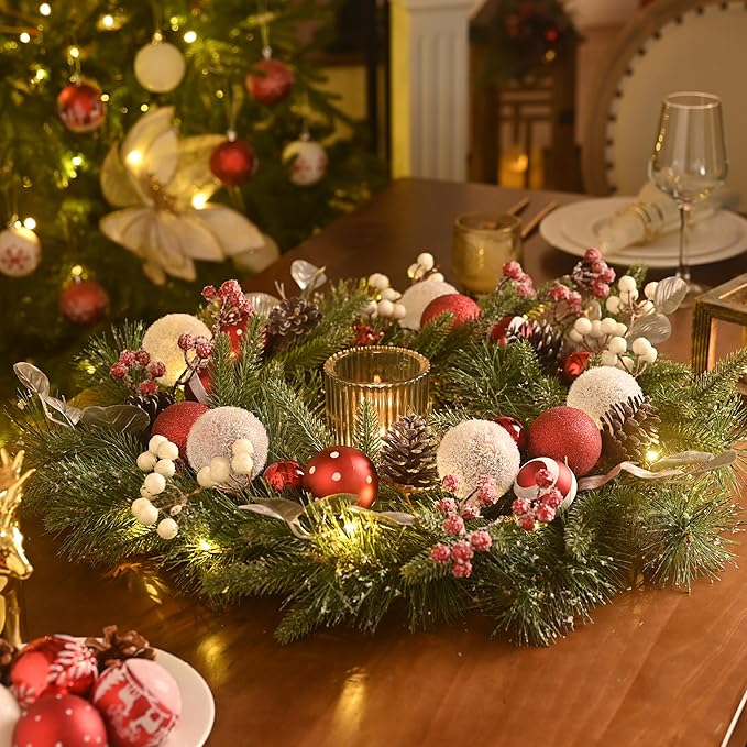 Valery Madelyn 24'' Pre-Lit Christmas Wreath for Front Door with Light, Large Lighted Outdoor Christmas Wreath with Red White Xmas Ball Norfolk Pine for Home Porch Fireplace Window Holiday Decor