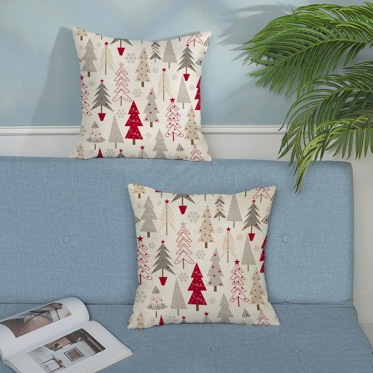 GOLIANDA Christmas Pillow Covers 18x18 Set of 2 Christmas Decor Linen Pillowcase Geometric Colorful Christmas Tree Throw Pillows Winter Farmhouse Holiday Decorations Cushion Covers Couch Home Sofa