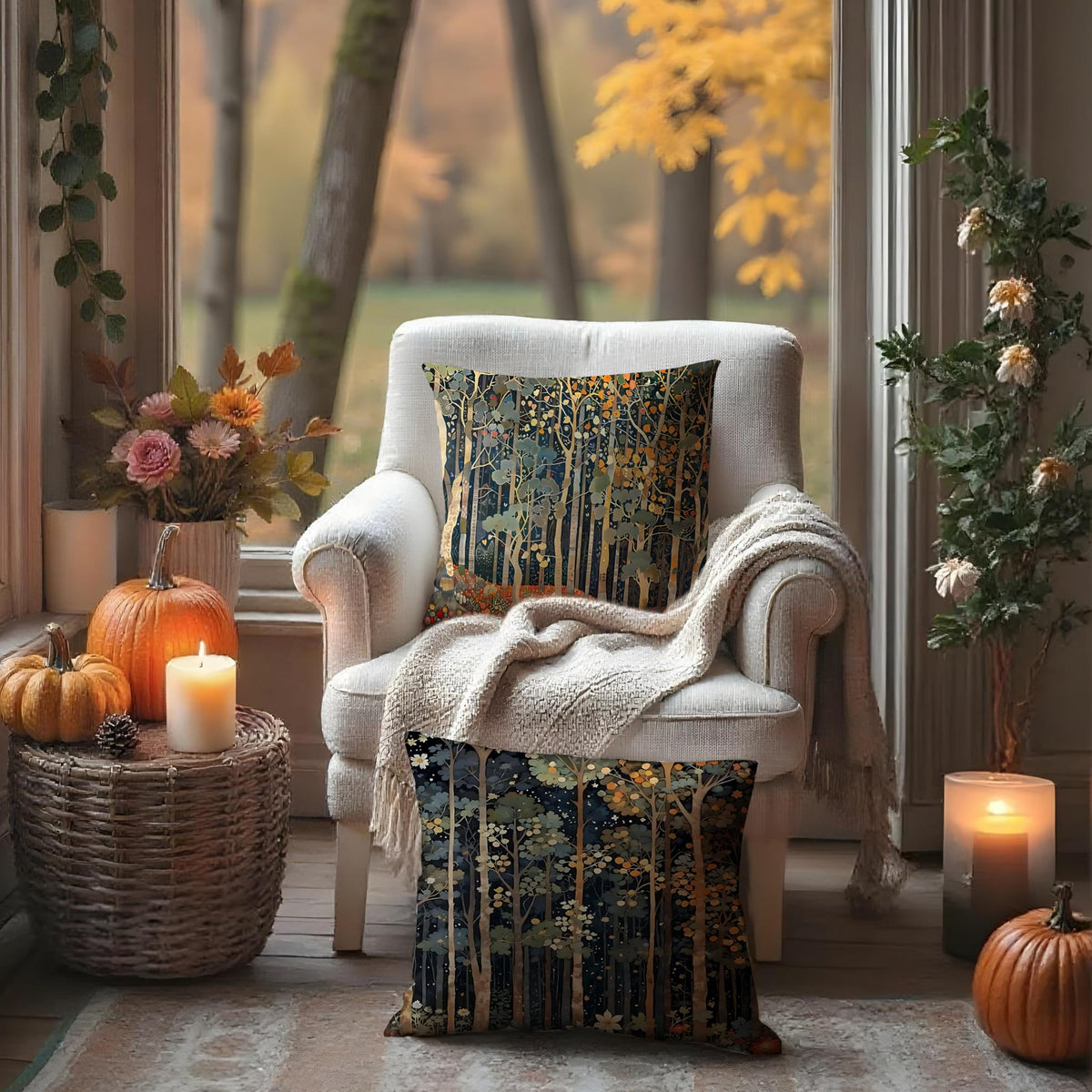 BUJSP Rustic William Morris Inspired Autumn Forest Decor Throw Pillow Covers 18x18 Set of 2, Vintage Botanical Nature Decorative Throw Pillow Covers for Home Bedroom Living Room,Fall Home Room Decor