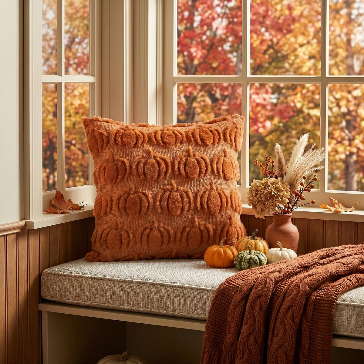 AVOIN colorlife Fall Pumpkin Caramel Throw Pillow Covers, 20 x 20 Inch Autumn Thanksgiving Harvest Soft Plush Faux Fur Jacquard Cushion Case Decoration for Sofa Couch Set of 2