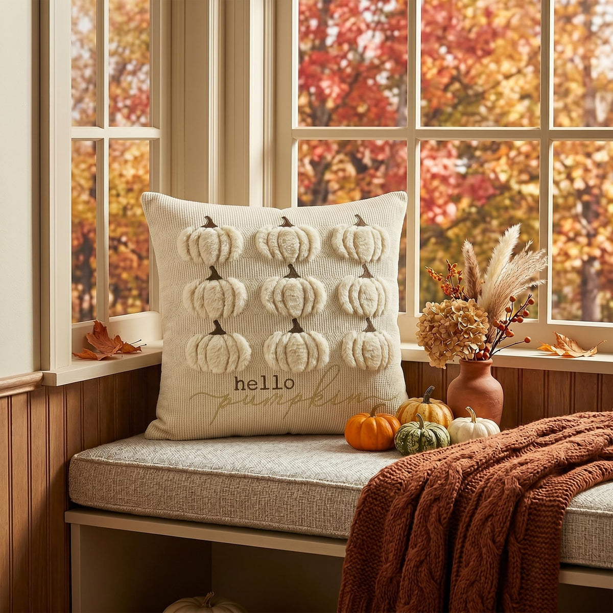AVOIN colorlife Beige Hello Pumpkin Fall Embroidery Throw Pillow Covers, 18 x 18 Inch Autumn Harvest Thanksgiving Soft Plush Faux Fur Jacquard Cushion Case Decoration for Sofa Couch Set of 2