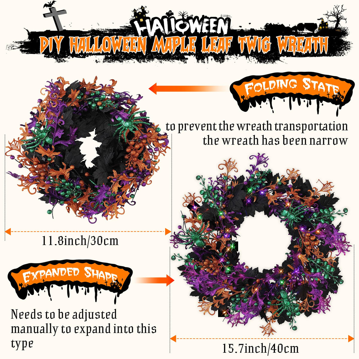 Enhon 16 Inch Halloween Wreath for Front Door with 40 LED Lights, Multicolor Halloween Door Wreath Decorations for Home Porch Table Centerpiece Window Party Holiday Wall Decor(Maple Leaf Style)