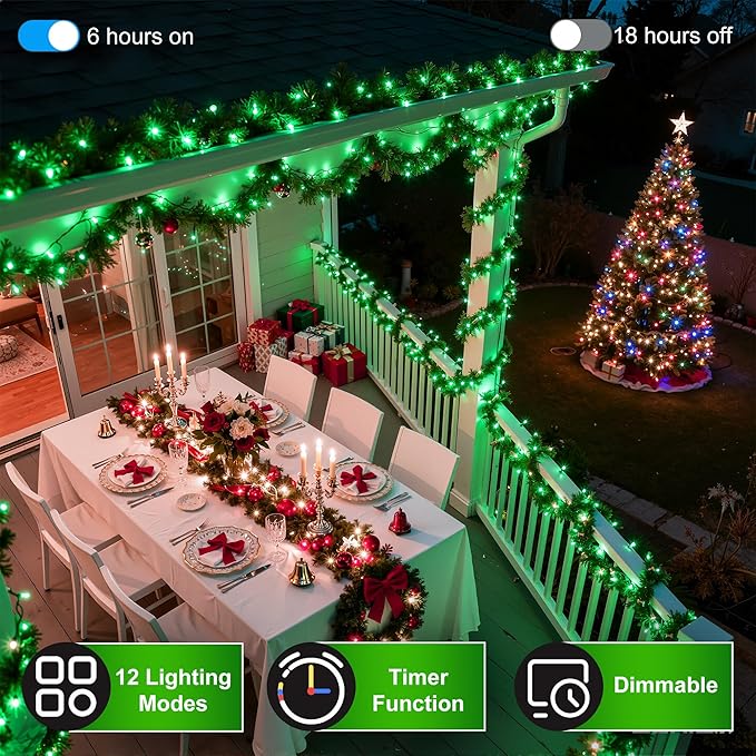 350LED Christmas Lights Indoor Outdoor, 90ft 12 Modes Green LED String Lights with Timer Dimmable, Waterproof Christmas Tree Lights for Xmas Patio Yard Fence Balcony Garden Party Decor Green