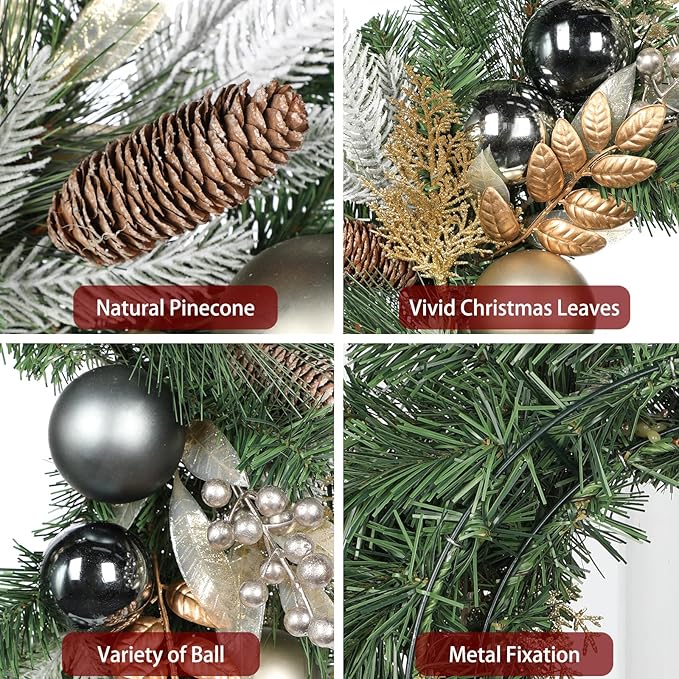24 inch Christmas Door Wreath, Norfolk Pine Wreaths for Front Door with Silver Ball Glittered Leaf Spray Stems Pinecones Berries for Fireplace Xmas Decorations, Wall Window Indoor Outdoor Decor