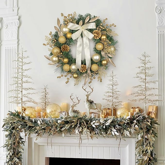 24 inch Christmas Door Wreath, Large Pine Wreaths for Front Door with Champagne Bow Golden Ball Glittered Leaf Spray Stems Pinecones for Fireplace Xmas Decorations, Wall Window Indoor Outdoor Decor