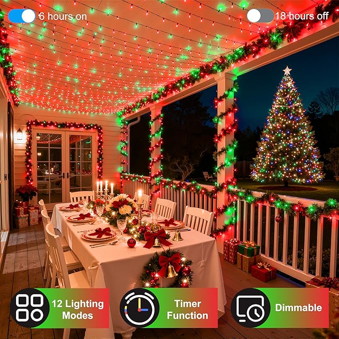 350LED Christmas Lights Indoor Outdoor, 90ft 12 Modes Red & Green LED String Lights with Timer Dimmable, Waterproof Christmas Tree Lights for Xmas Patio Yard Fence Balcony Garden Party Decor Red&Green