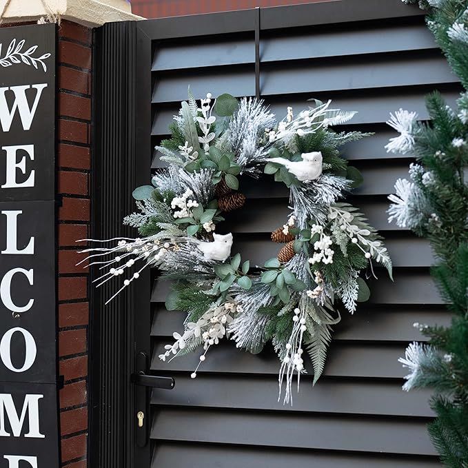 Winter Wreaths for Front Door Outside- 24 Inch Outdoor Christmas Wreath with White Owl,Pine Cones,Cedar and White Berries,Artificial Snowy Winter Decorations for Home Farmhouse Door Decor
