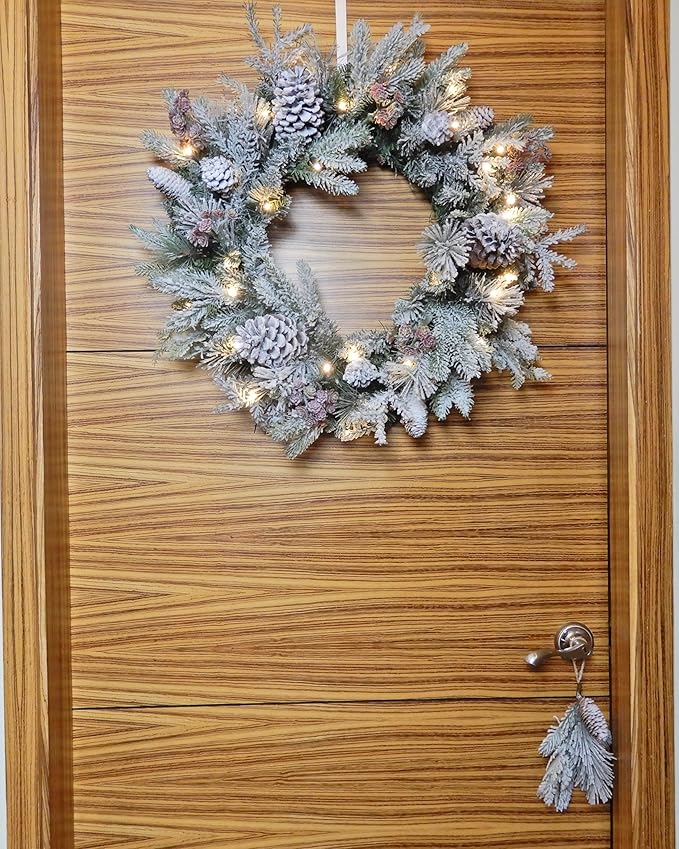 Large 28" D Pre-lit Christmas Snowy Artificial Pine Wreath w Super Big Pinecones, Succulents (35 LED Lights, 8 Flash Options) for Xmas Decor at Shop Home Front Door Living Room Wall Window (Battery)