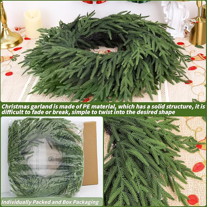 26 inch Norfolk Pine Wreath, Realistic Christmas Wreath for Front Door,Artificial Real Touch Green Wreath Greenery for Door Wall Windows Mantle Outdoor Christmas Decoration