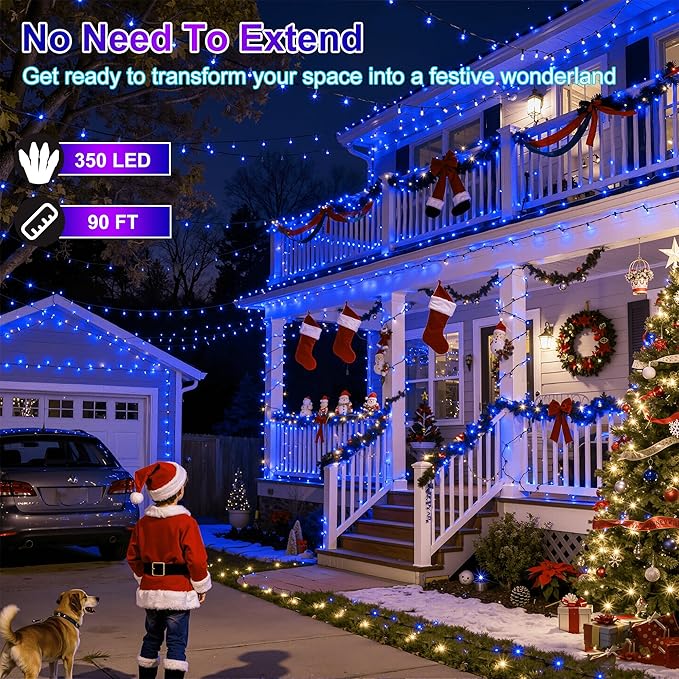 350LED Christmas Lights Indoor Outdoor, 90ft 12 Modes Blue LED String Lights with Timer Dimmable, Waterproof Christmas Tree Lights for Xmas Patio Yard Fence Balcony Bedroom Garden Party Decor Blue