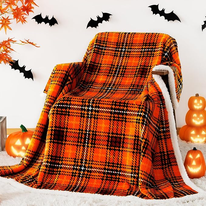 Touchat Sherpa Halloween Plaid Throw Blanket(60" X 70", Plaid Orange), Fuzzy Fluffy Cozy Soft Blanket, Fleece Flannel Plush Twin Size Microfiber Blanket for Couch Bed Sofa